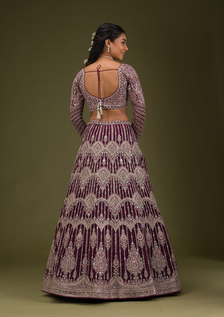 Wine Zariwork Net Readymade Lehenga