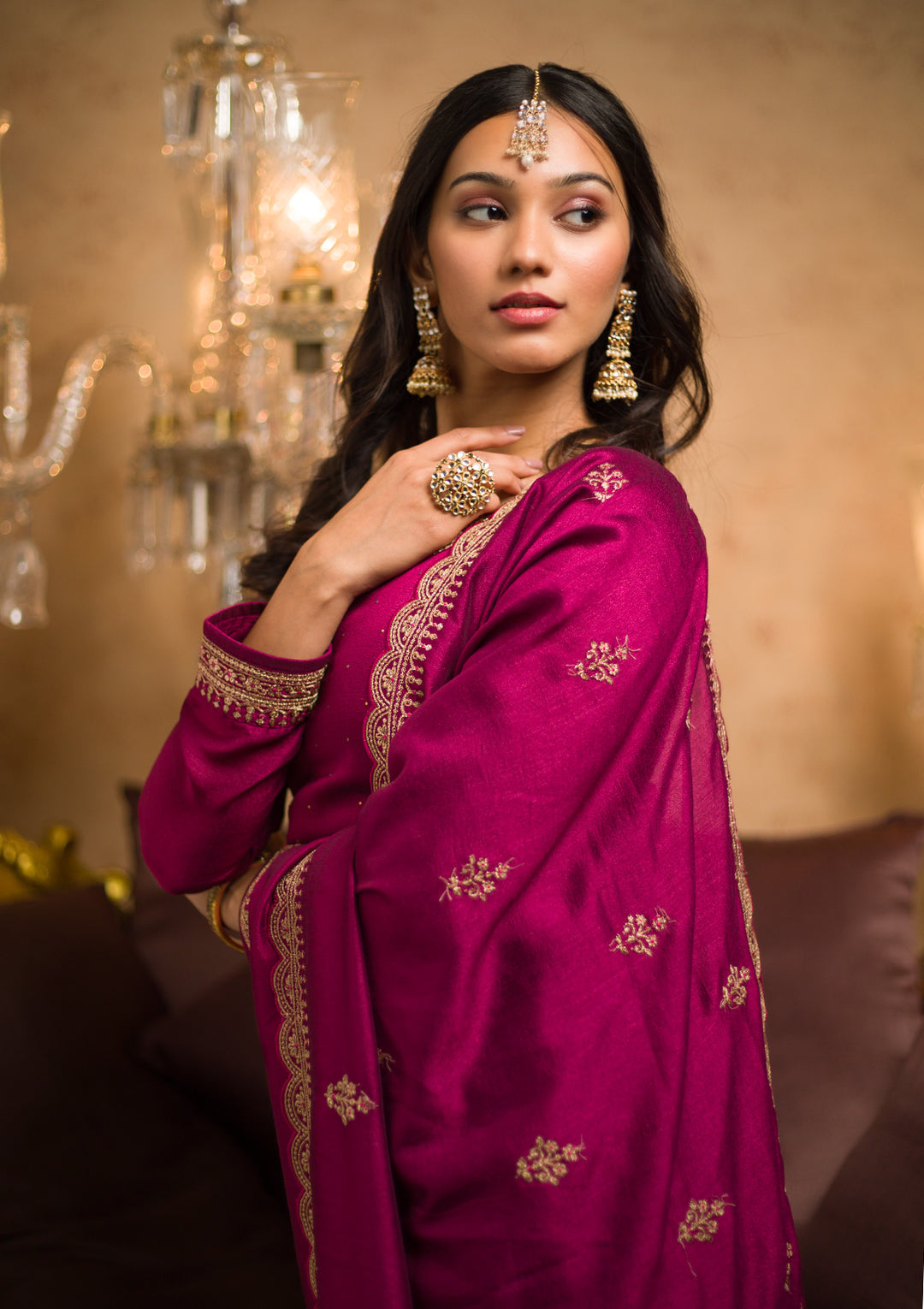 Wine Zariwork Raw Silk Readymade Sharara Suit