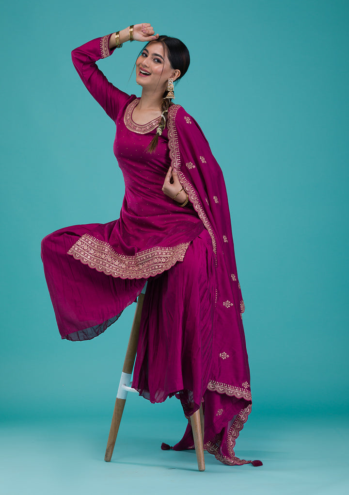Wine Zariwork Raw Silk Readymade Sharara Suit
