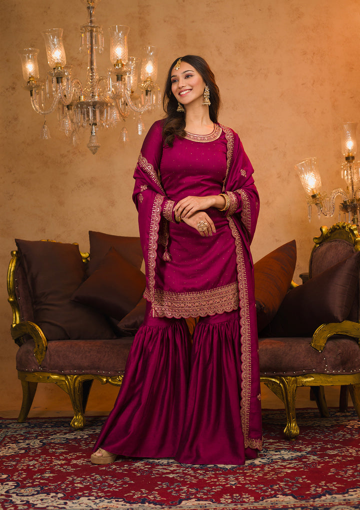 Wine Zariwork Raw Silk Readymade Sharara Suit