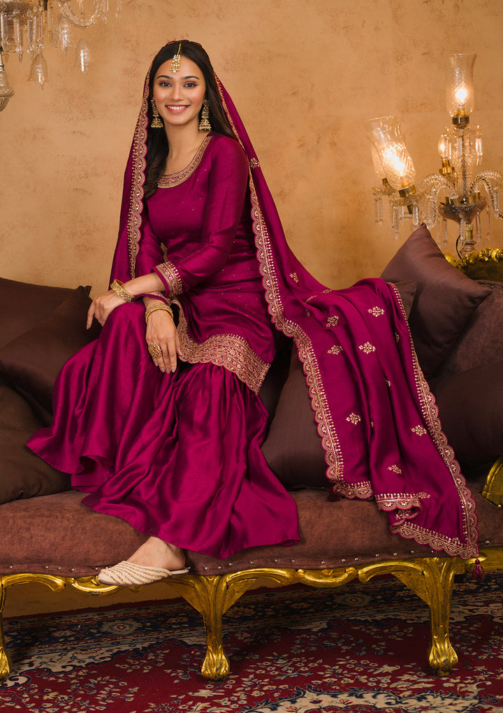 Wine Zariwork Raw Silk Readymade Sharara Suit