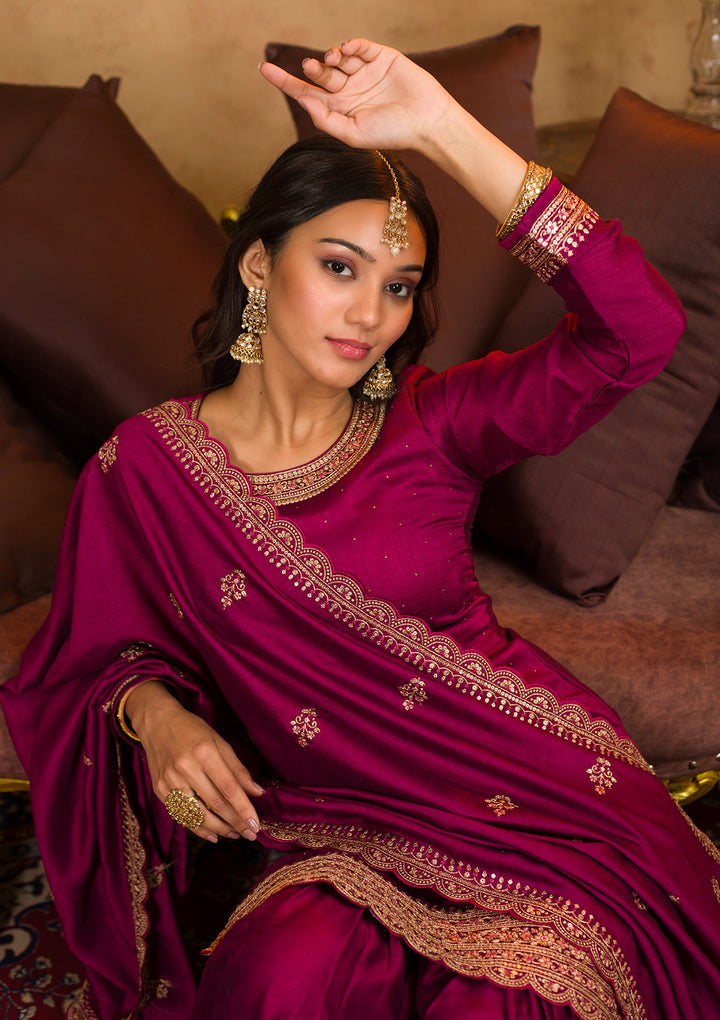 Wine Zariwork Raw Silk Readymade Sharara Suit