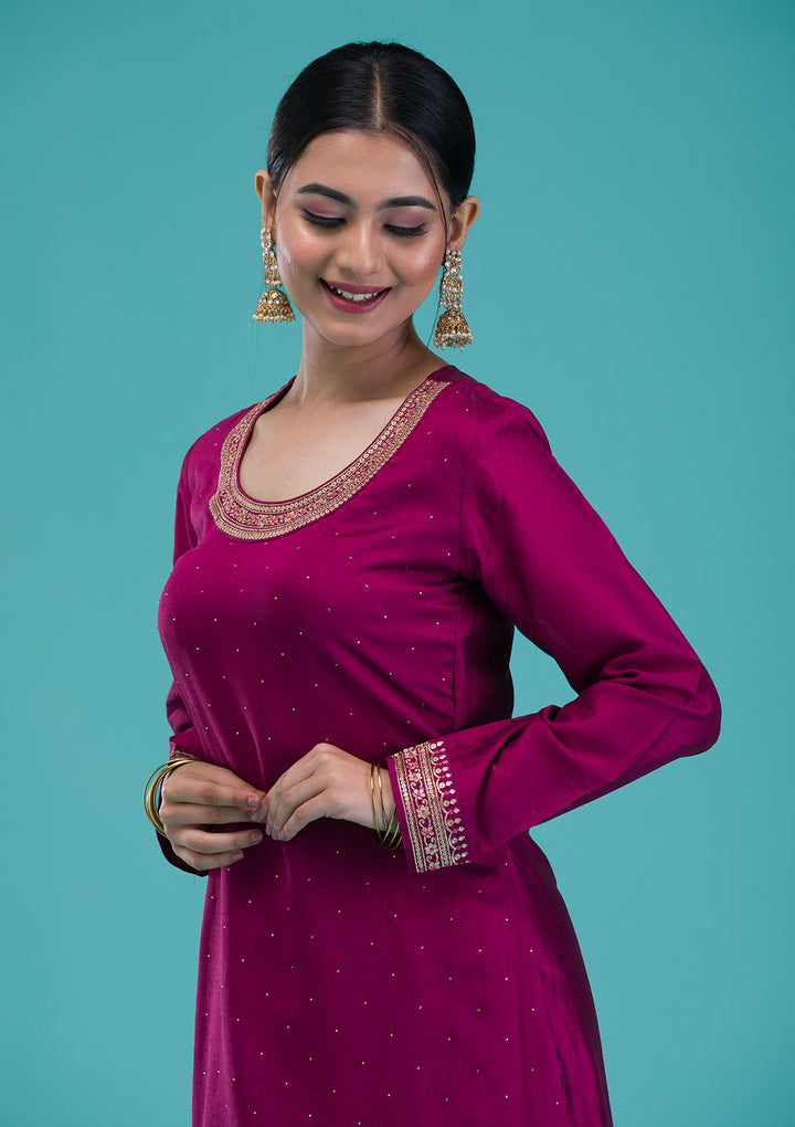 Wine Zariwork Raw Silk Readymade Sharara Suit