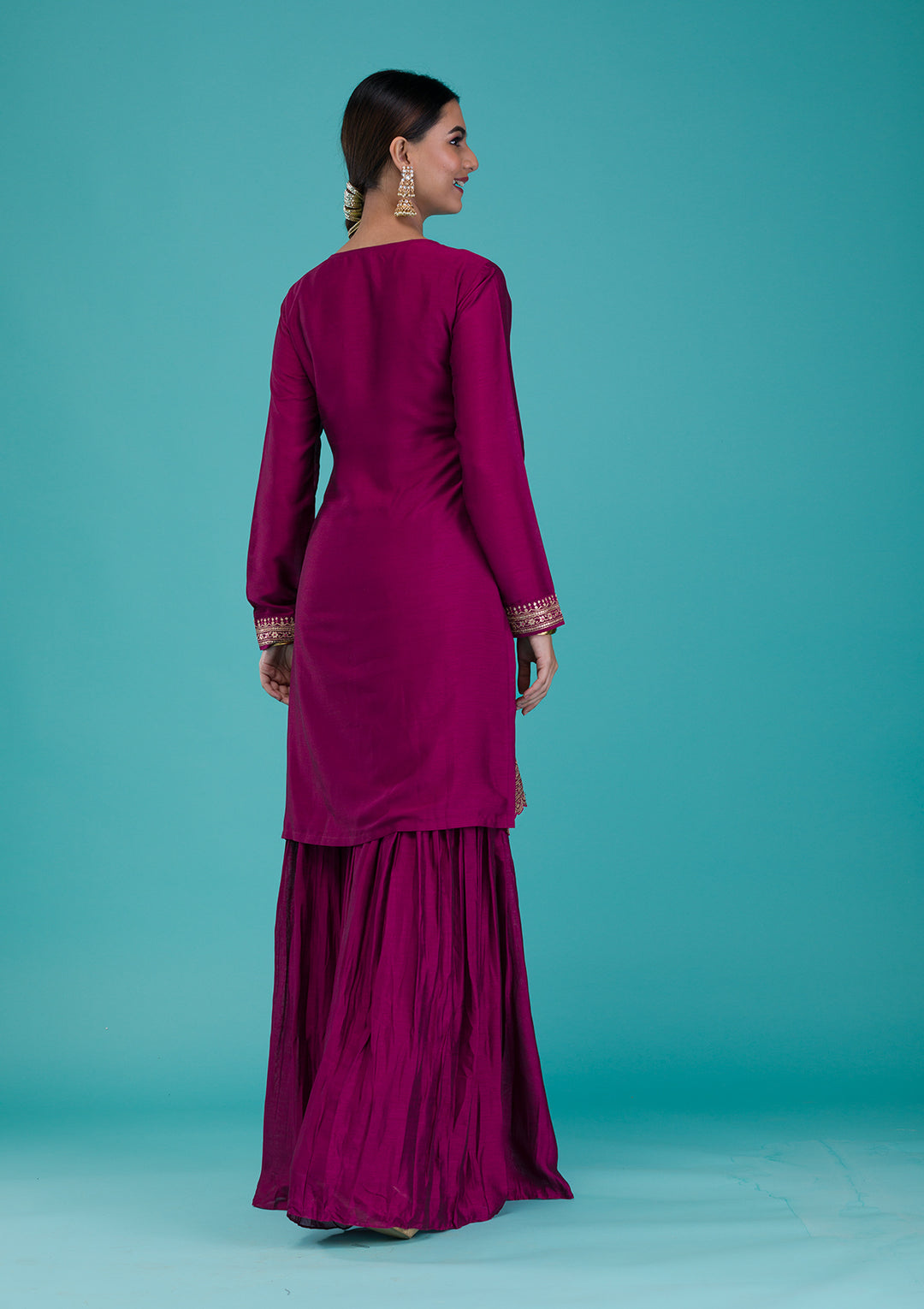 Wine Zariwork Raw Silk Readymade Sharara Suit