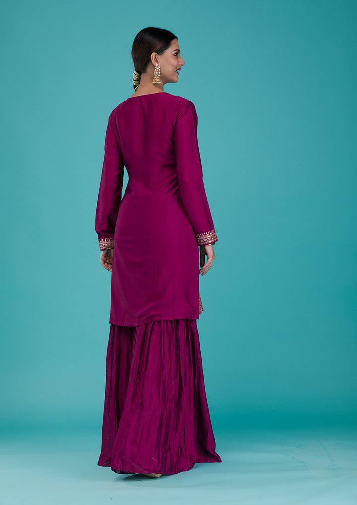Wine Zariwork Raw Silk Readymade Sharara Suit