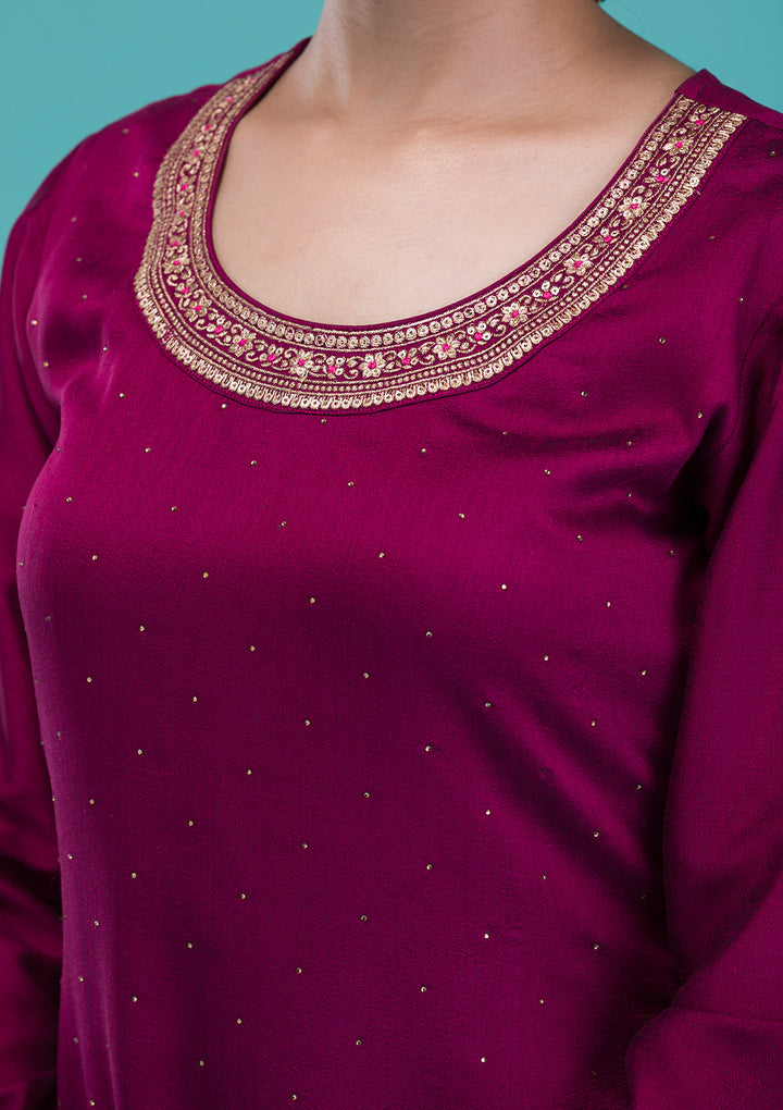Wine Zariwork Raw Silk Readymade Sharara Suit