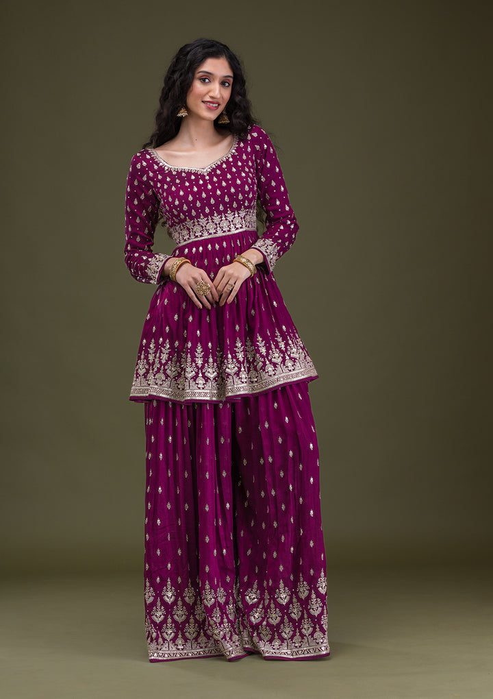 Wine Zariwork Raw Silk Readymade Salwar Suit