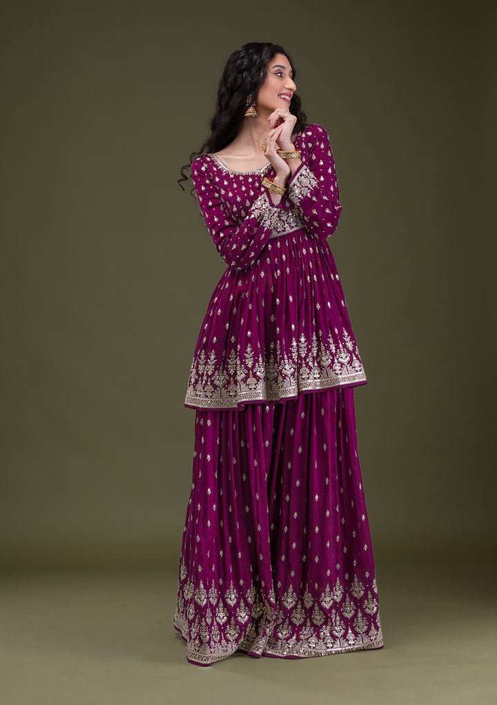 Wine Zariwork Raw Silk Readymade Salwar Suit