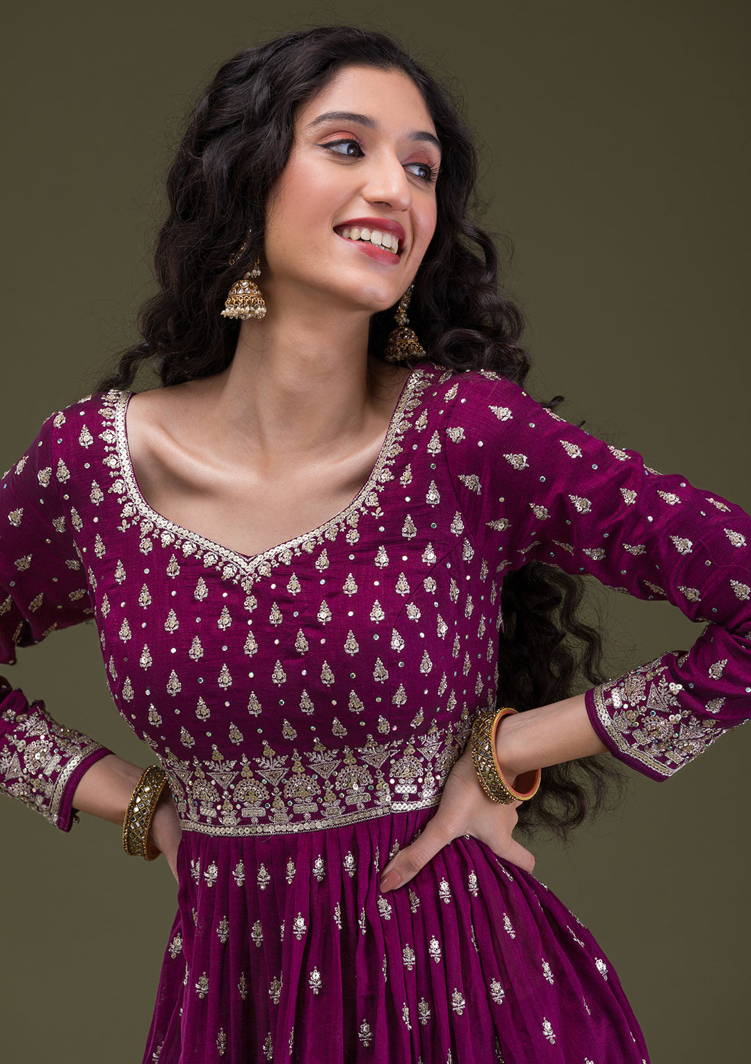 Wine Zariwork Raw Silk Readymade Salwar Suit