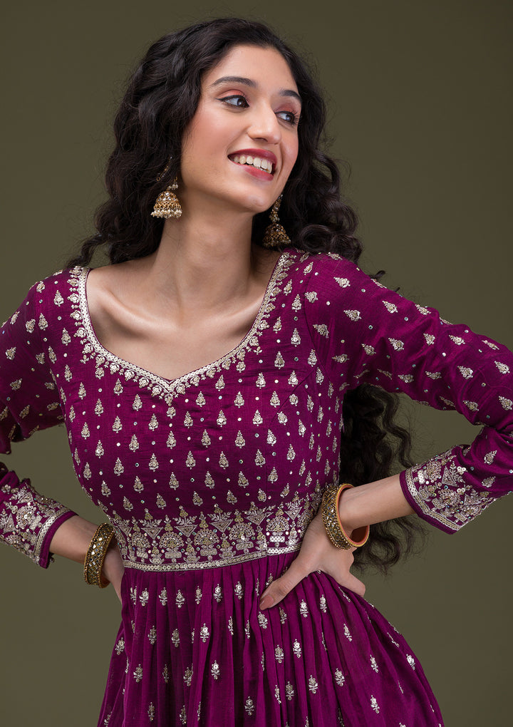 Wine Zariwork Raw Silk Readymade Salwar Suit