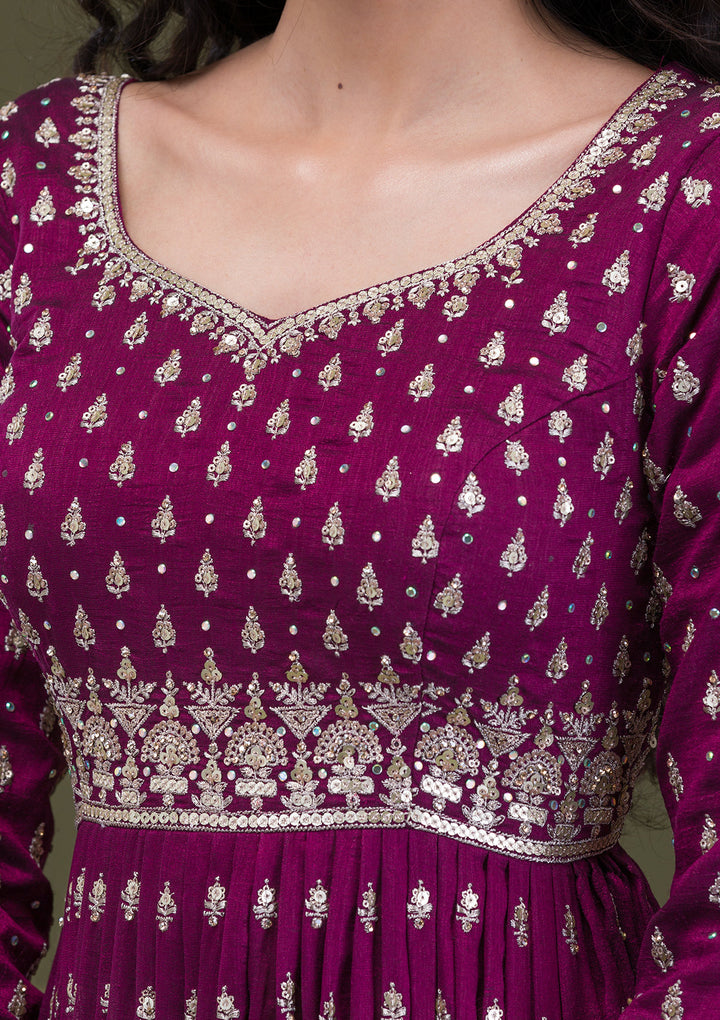 Wine Zariwork Raw Silk Readymade Salwar Suit