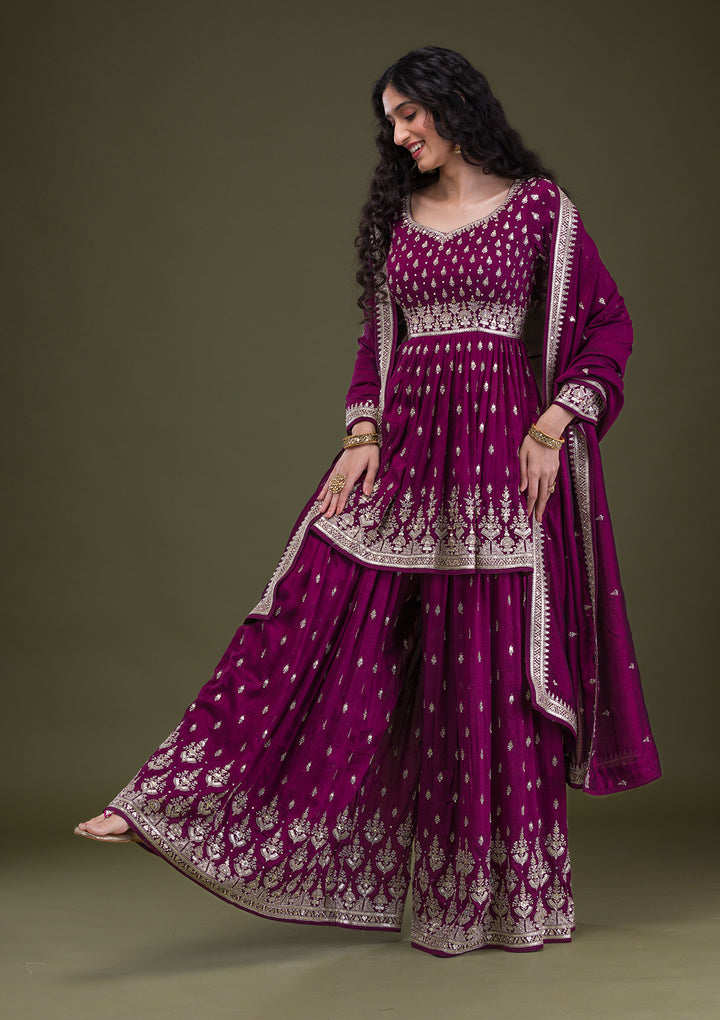 Wine Zariwork Raw Silk Readymade Salwar Suit