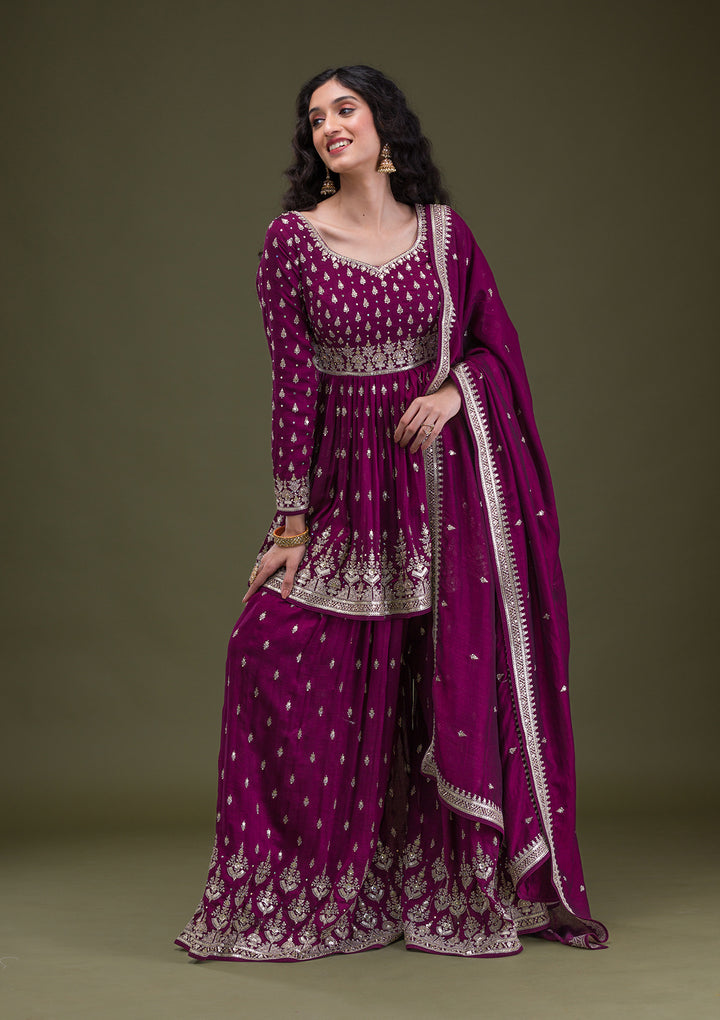 Wine Zariwork Raw Silk Readymade Salwar Suit