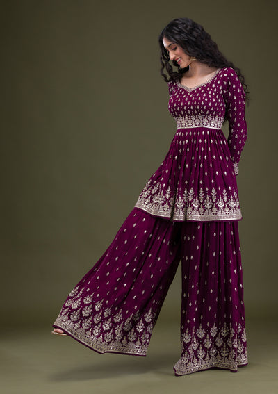 Wine Zariwork Raw Silk Readymade Salwar Suit