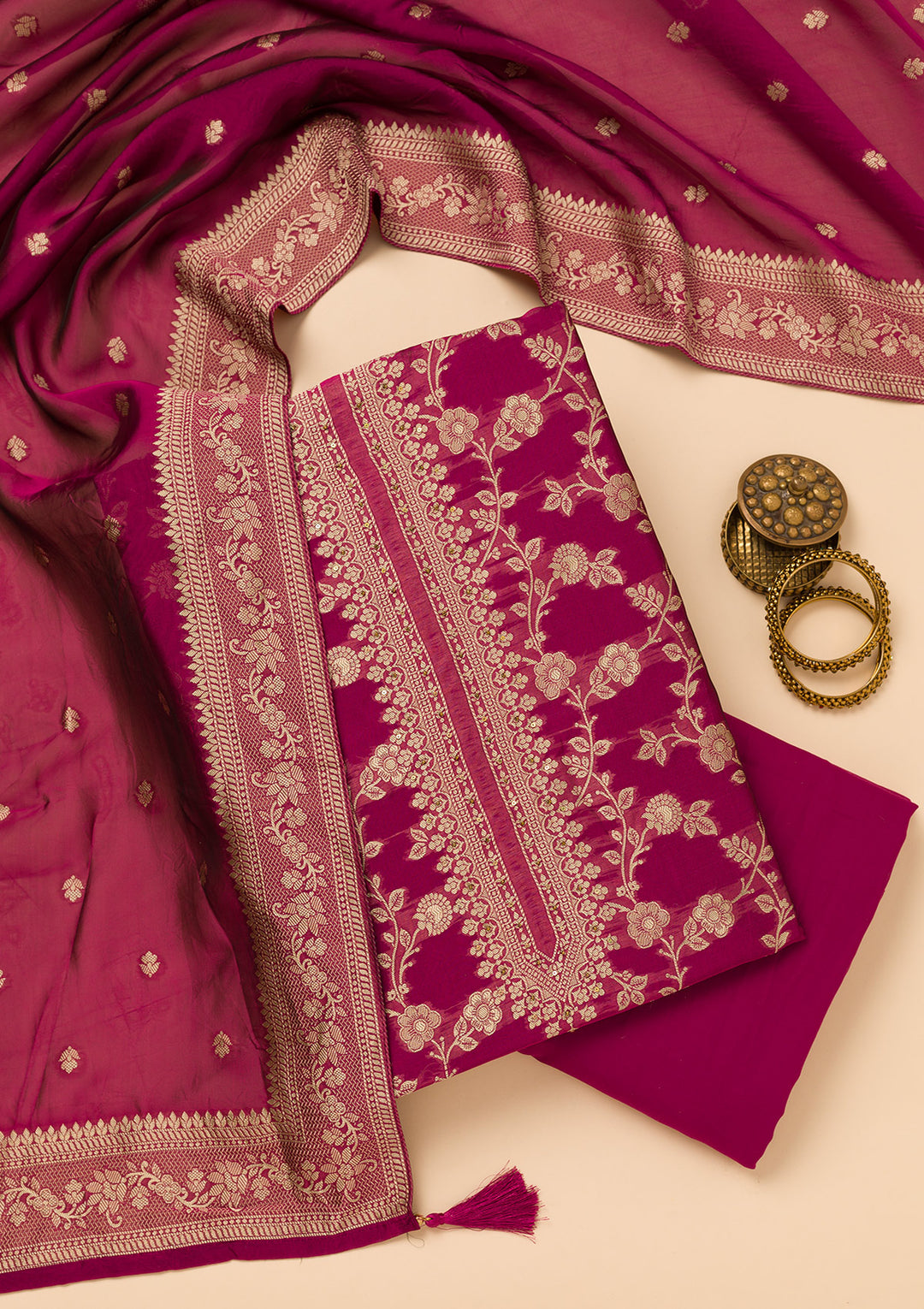 Wine Zariwork Satin Unstitched Salwar Suit