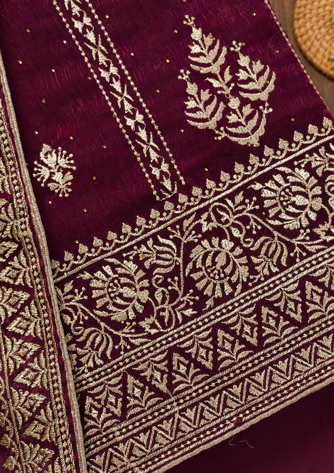 Wine Zariwork Semi Crepe Unstitched Salwar Suit