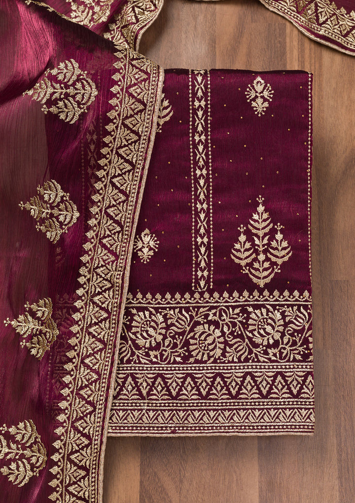 Wine Zariwork Semi Crepe Unstitched Salwar Suit