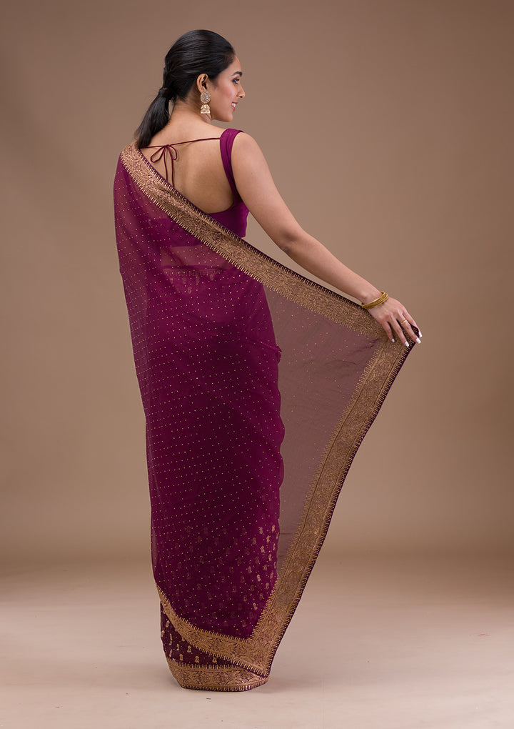 Wine Zariwork Semi Crepe Saree