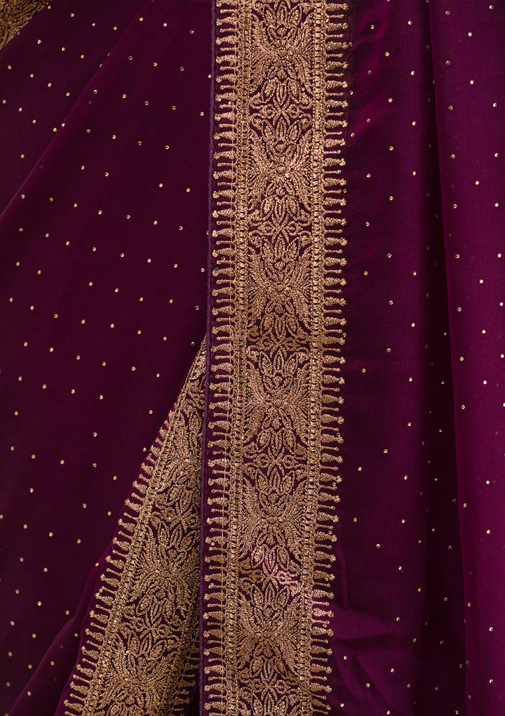 Wine Zariwork Semi Crepe Saree