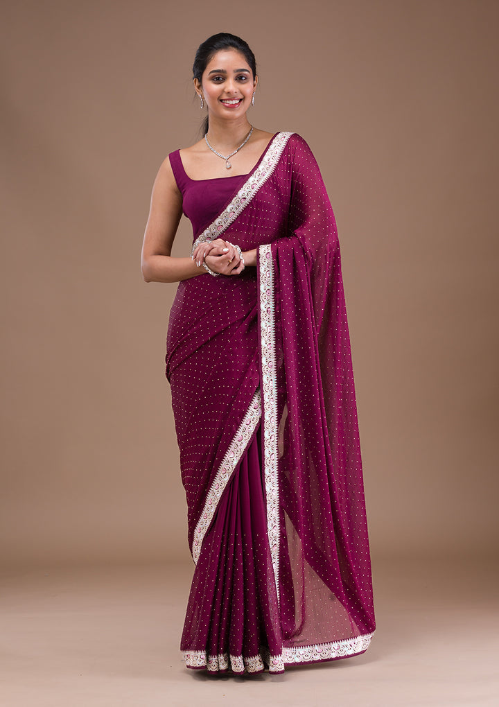 Wine Zariwork Semi Crepe Saree