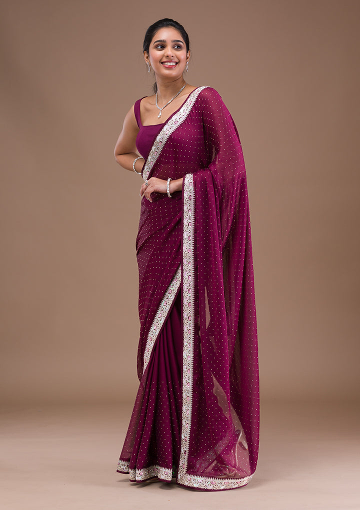Wine Zariwork Semi Crepe Saree
