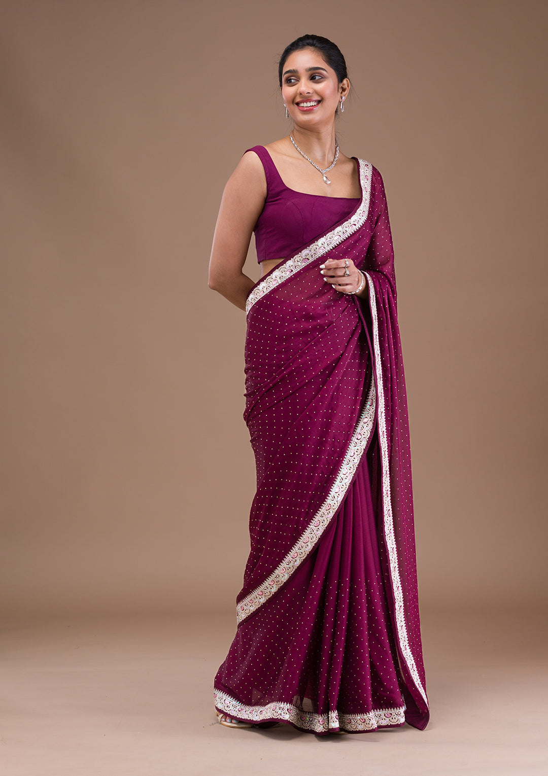 Wine Zariwork Semi Crepe Saree