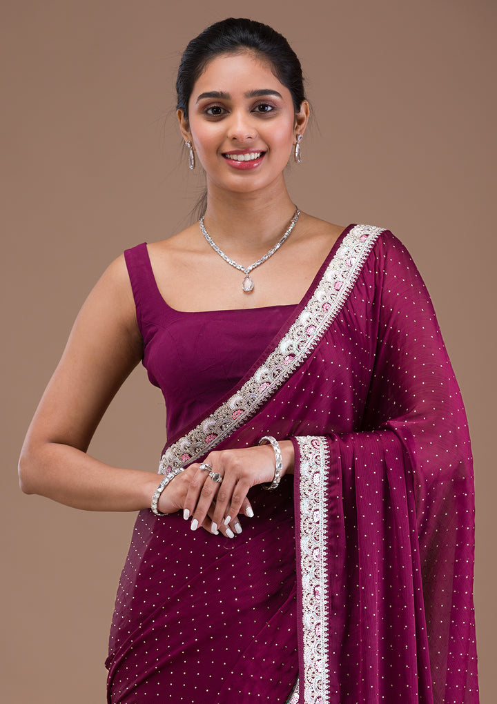 Wine Zariwork Semi Crepe Saree
