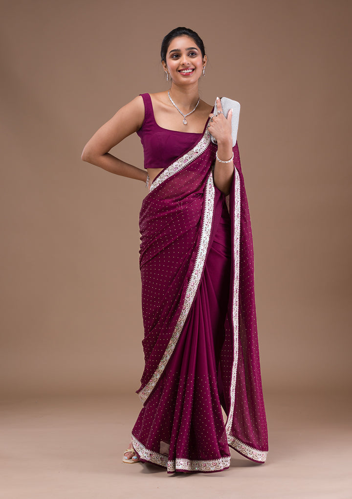 Wine Zariwork Semi Crepe Saree