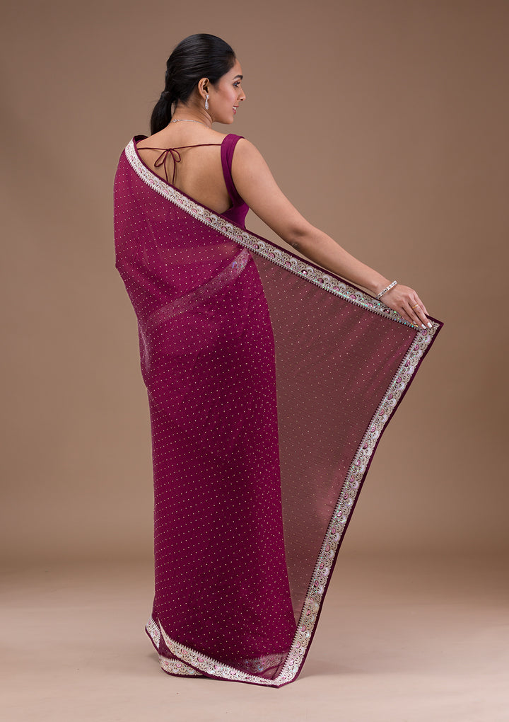 Wine Zariwork Semi Crepe Saree