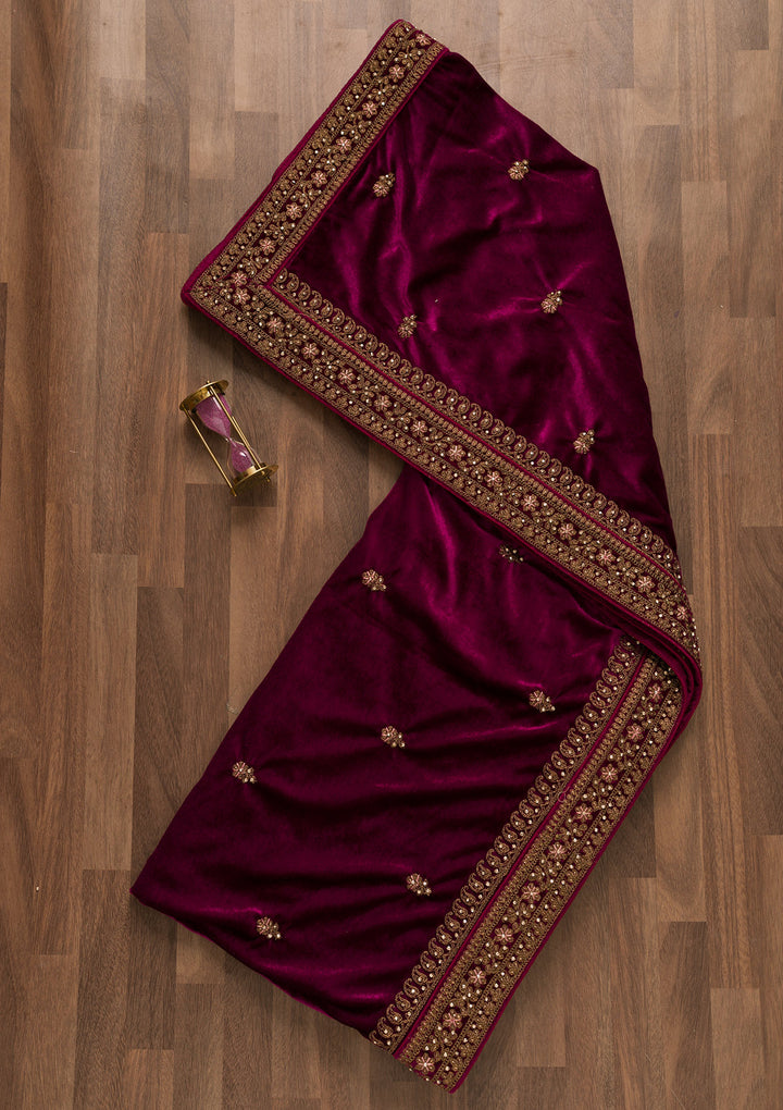 Wine Zariwork Velvet Dupatta-Koskii