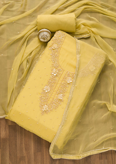 Yellow Cutdana Organza Unstitched Salwar Suit-Koskii