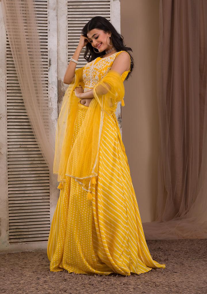 Yellow Cutdana Semi Crepe Readymade Lehenga