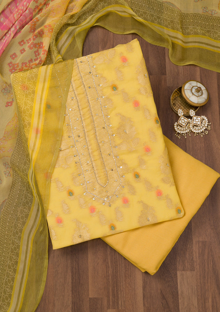 Yellow Cutdana Semi Crepe Unstitched Salwar Suit