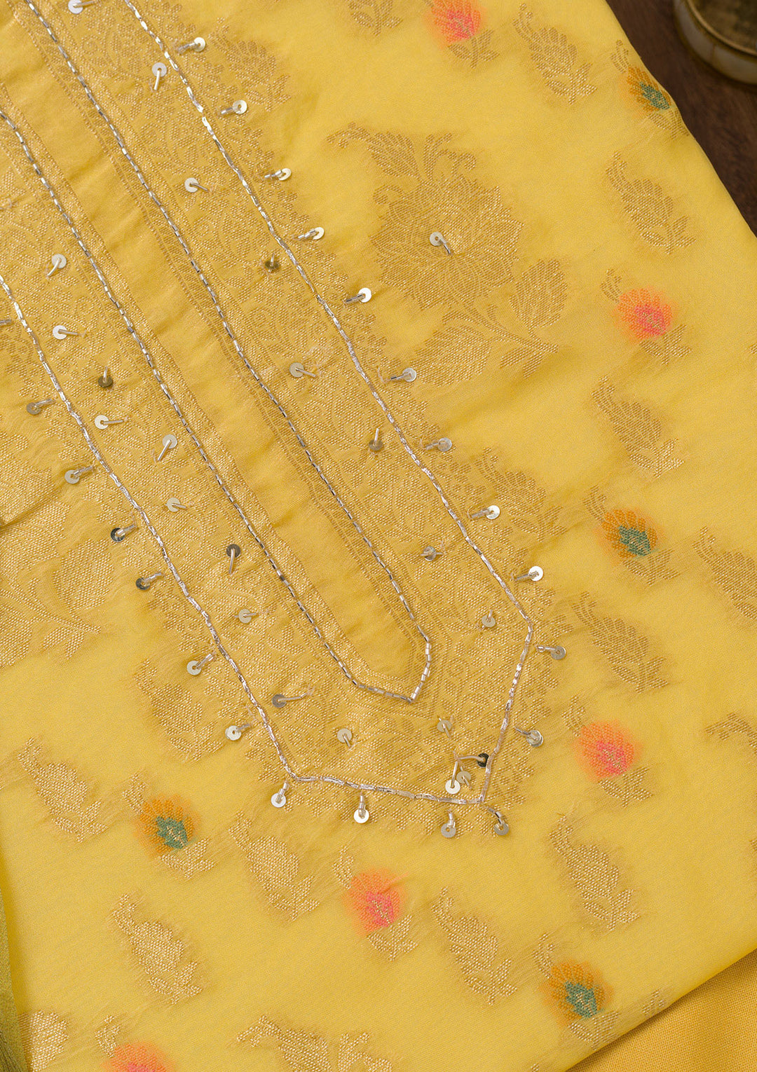 Yellow Cutdana Semi Crepe Unstitched Salwar Suit