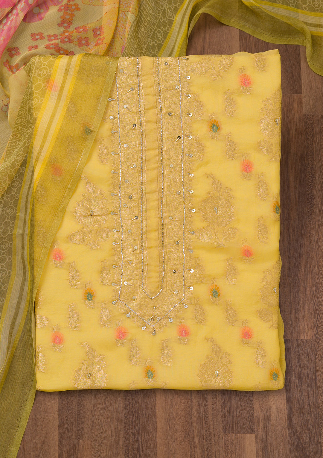 Yellow Cutdana Semi Crepe Unstitched Salwar Suit