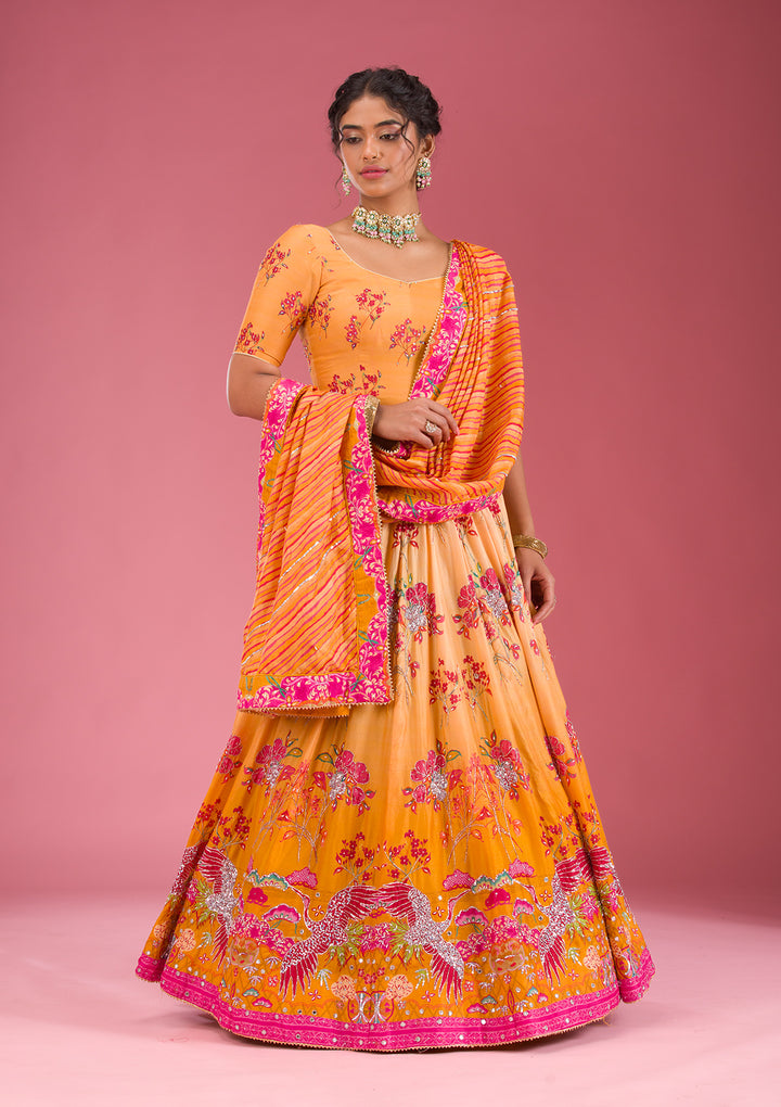 Yellow Cutdana Silk Semi Stitched Lehenga