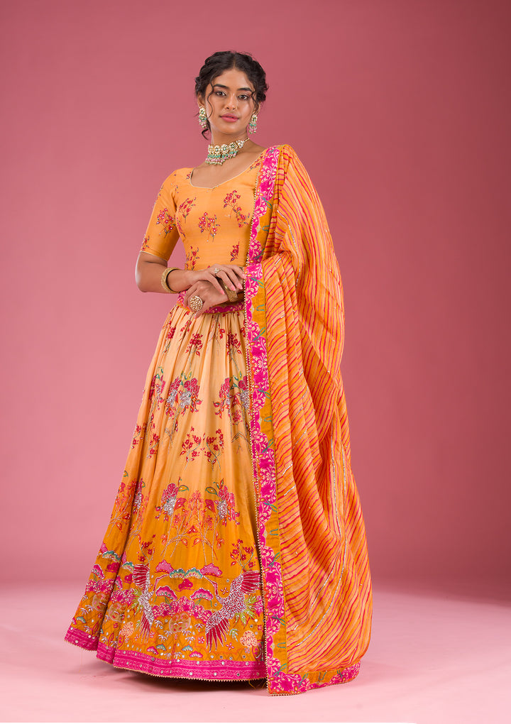 Yellow Cutdana Silk Semi Stitched Lehenga