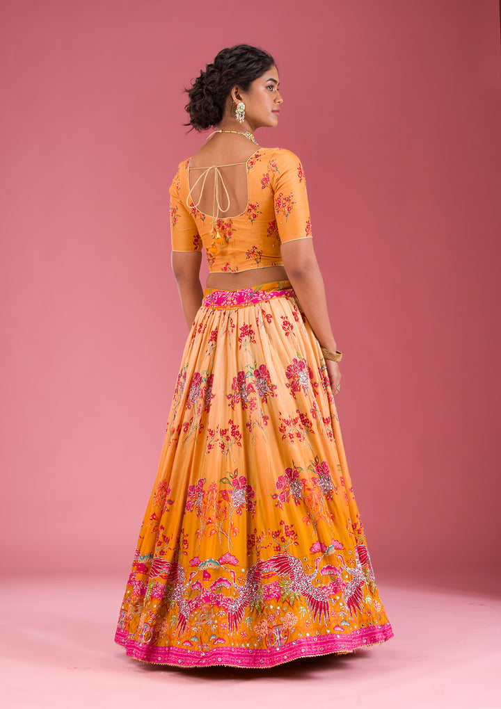 Yellow Cutdana Silk Semi Stitched Lehenga