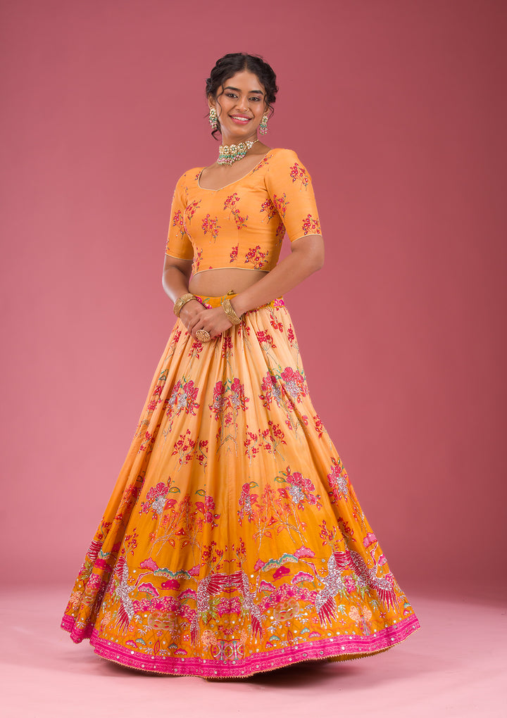 Yellow Cutdana Silk Semi Stitched Lehenga