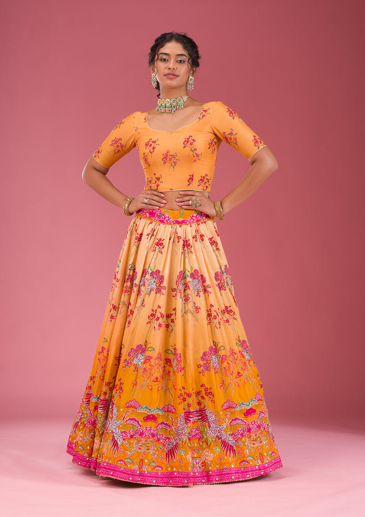 Yellow Cutdana Silk Semi Stitched Lehenga