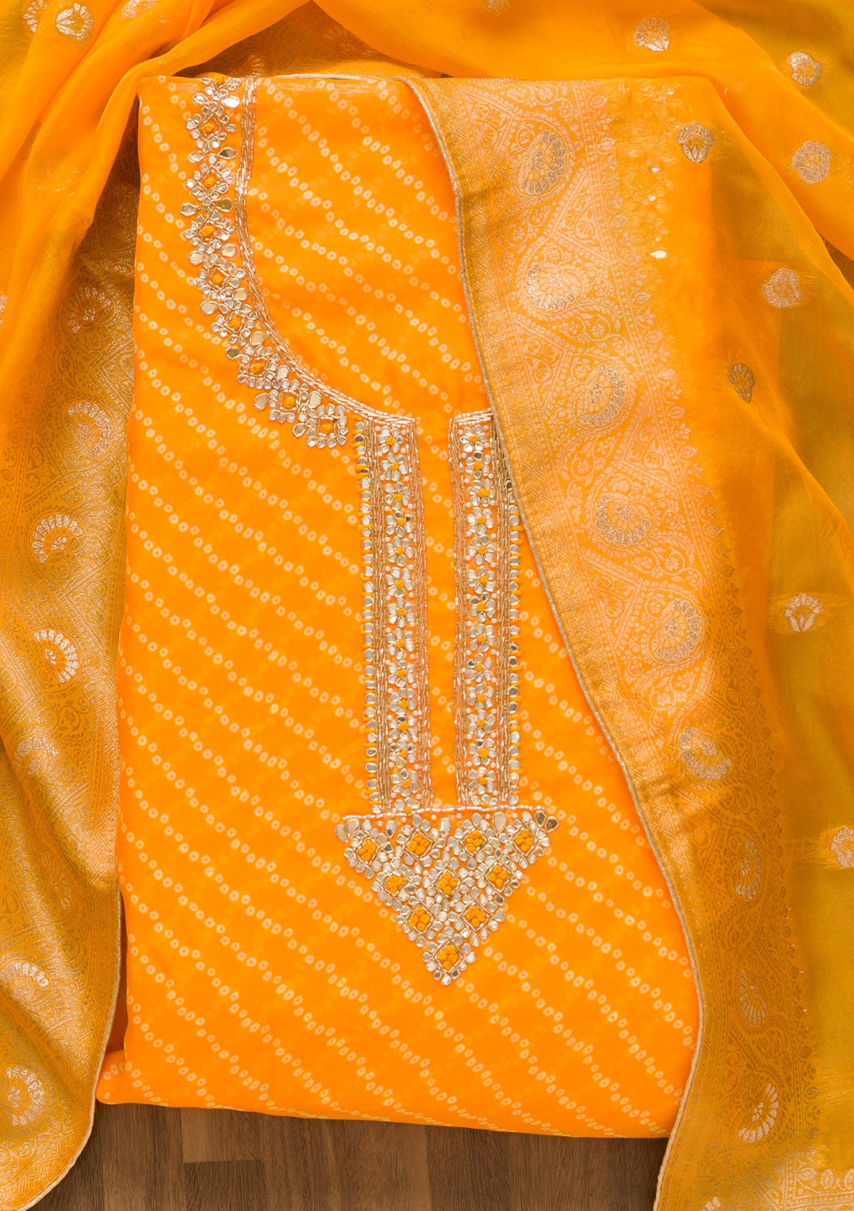 Yellow Cutdana Tissue Unstitched Salwar Suit-Koskii