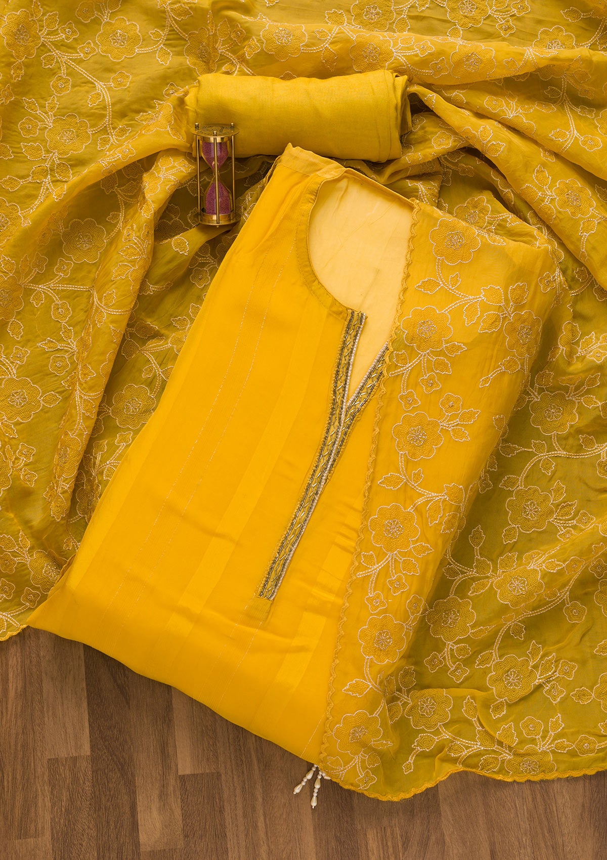 Yellow Cutdana Tissue Unstitched Salwar Suit-Koskii