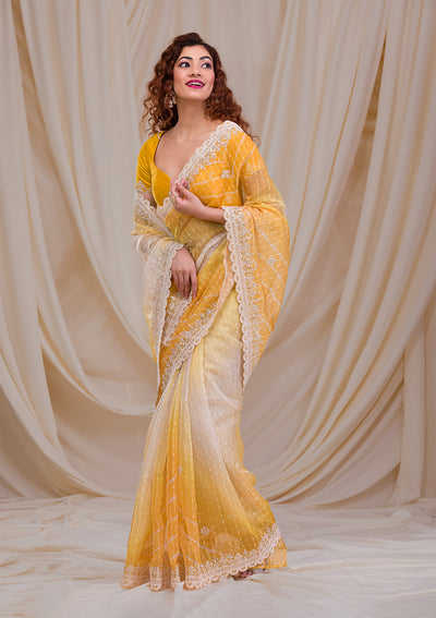 Yellow Gotapatti Net Saree-Koskii