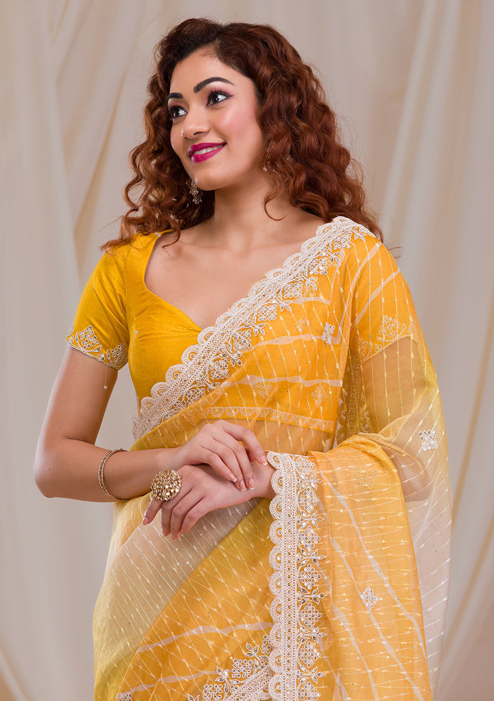 Yellow Ombre Net Saree