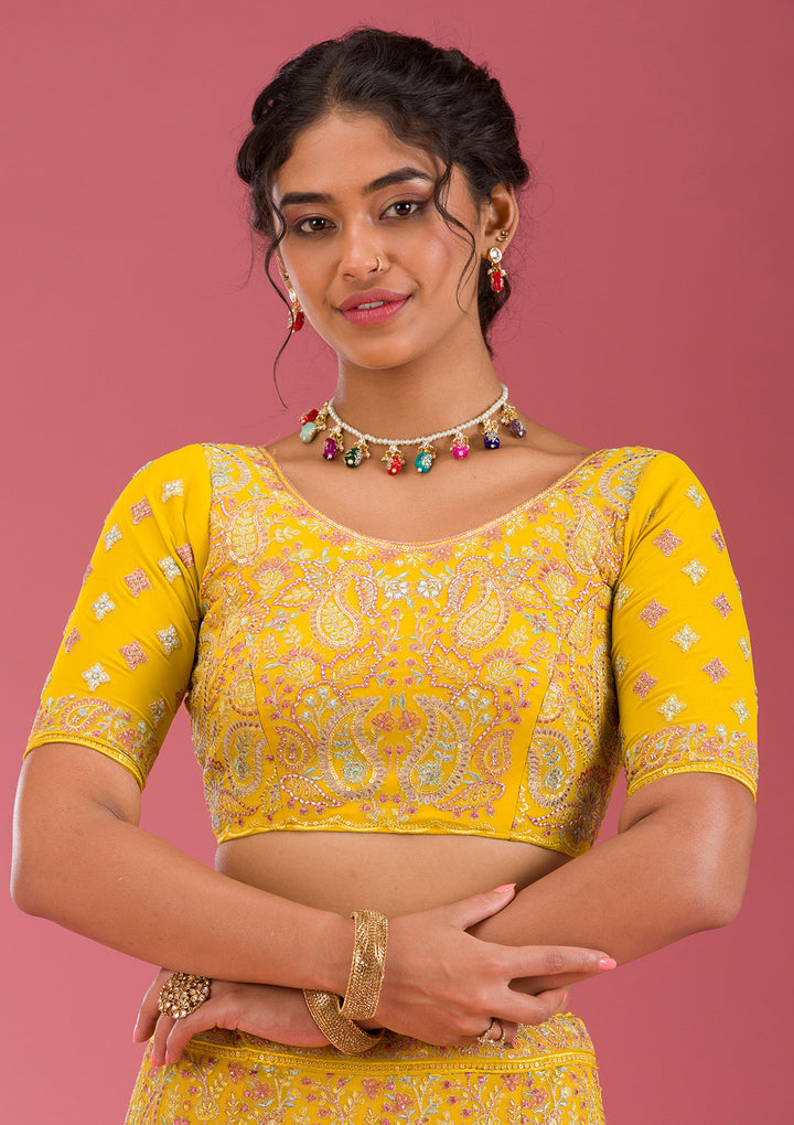 Yellow Kashmiri Georgette Semi Stitched Lehenga