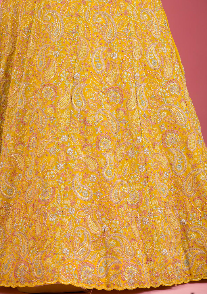 Yellow Kashmiri Georgette Semi Stitched Lehenga