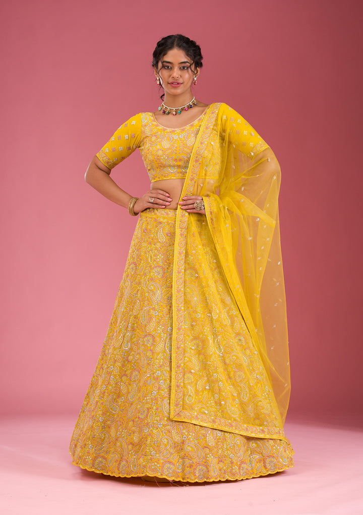 Yellow Kashmiri Georgette Semi Stitched Lehenga