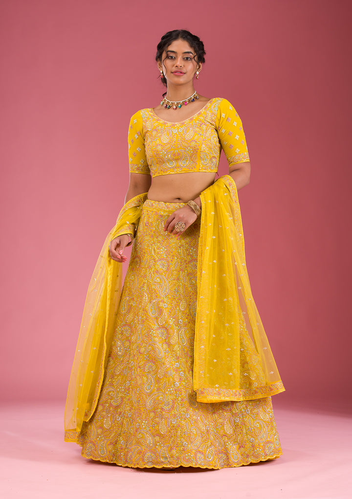 Yellow Kashmiri Georgette Semi Stitched Lehenga
