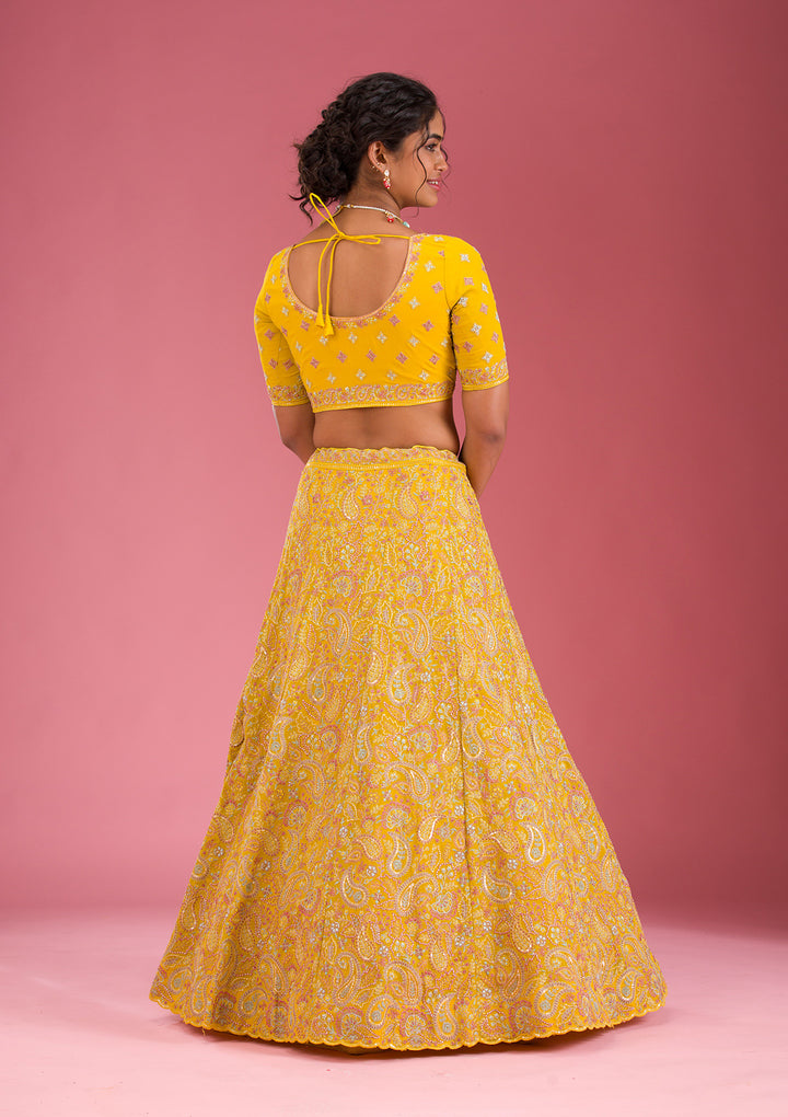 Yellow Kashmiri Georgette Semi Stitched Lehenga