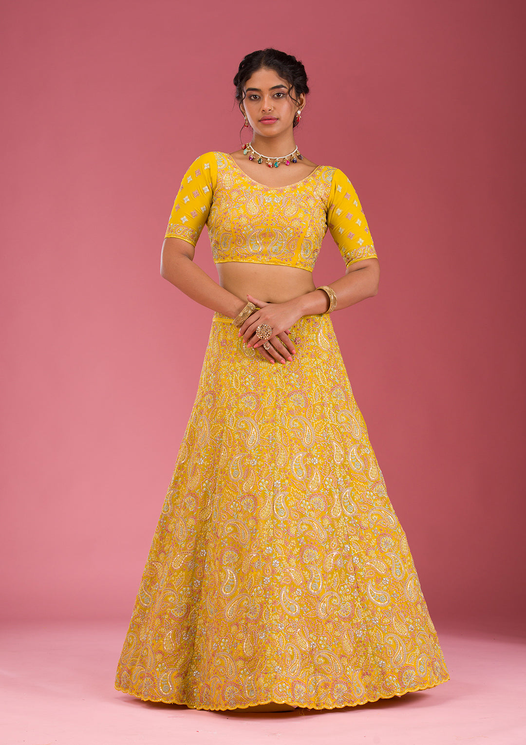 Yellow Kashmiri Georgette Semi Stitched Lehenga